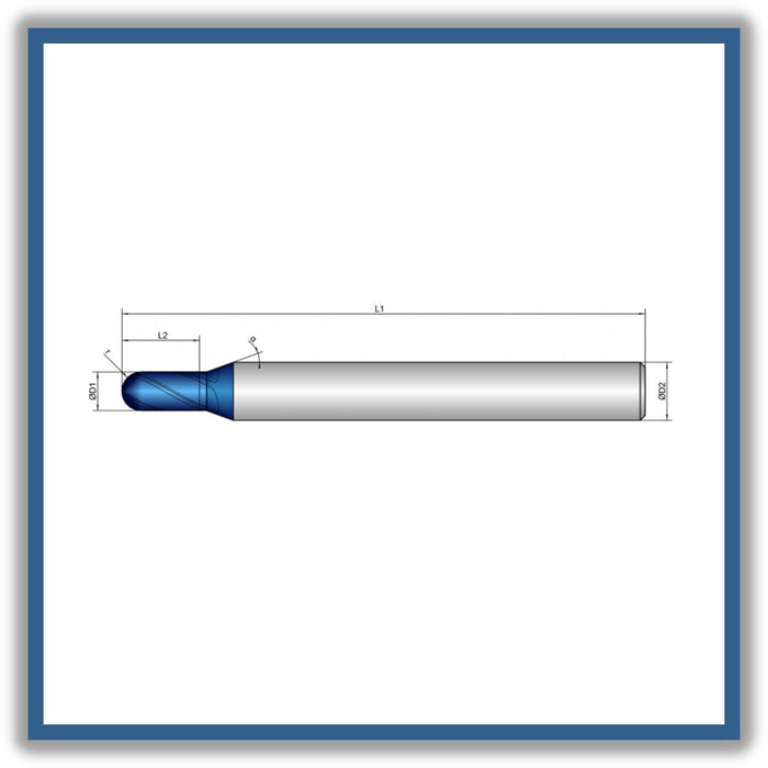 Solid Carbide End Mill 2mm 2R1x4x50xD3